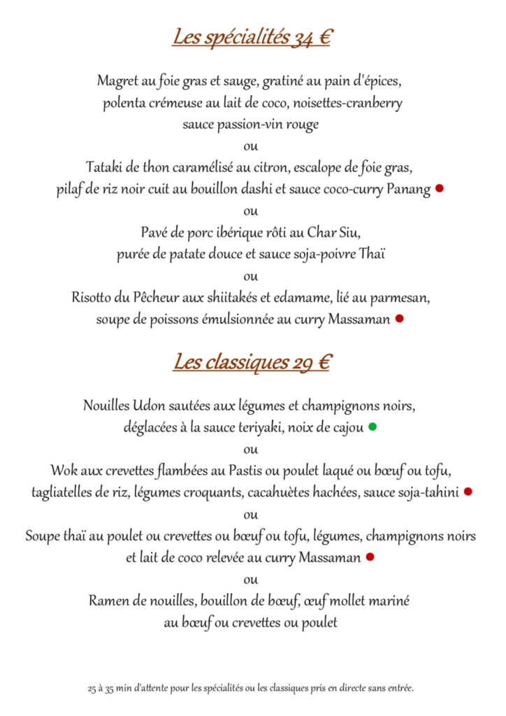 Les spécialités et plats à composer